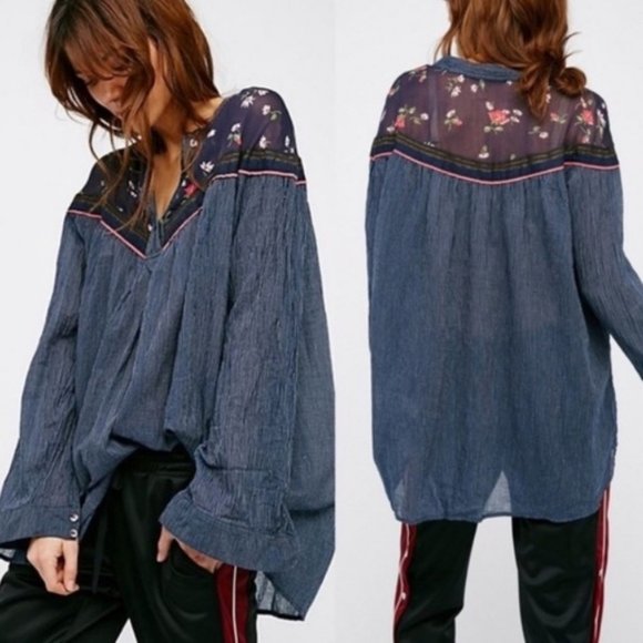 Free People Tops - Free People Oversized Striped Floral Popover Top